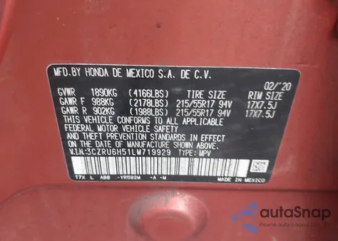 2020 Honda Hr-V Awd Ex from USA, damaged, VIN 3CZRU6H51LM719929